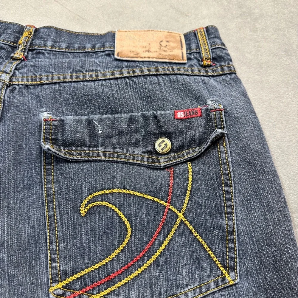 Old Skool Jeans Men 37x32 Dark Wash Embroidered Baggy Y2K Streetwear Excellent